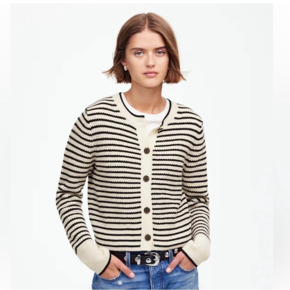 Madewell Cream and Black Striped Button Cardigan